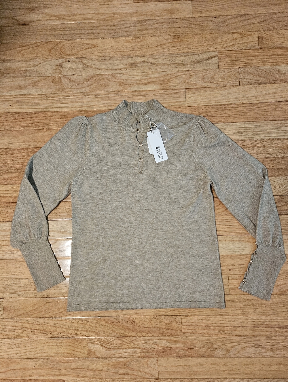 Molly Bracken NWT Women's Beige Mock Neck Button Detail Sweater Chic Size M